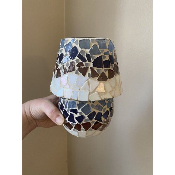 Home Interior Mosaic Glass Candle Holder Set With Blue & Brown Stained Glass Des - Picture 1 of 5